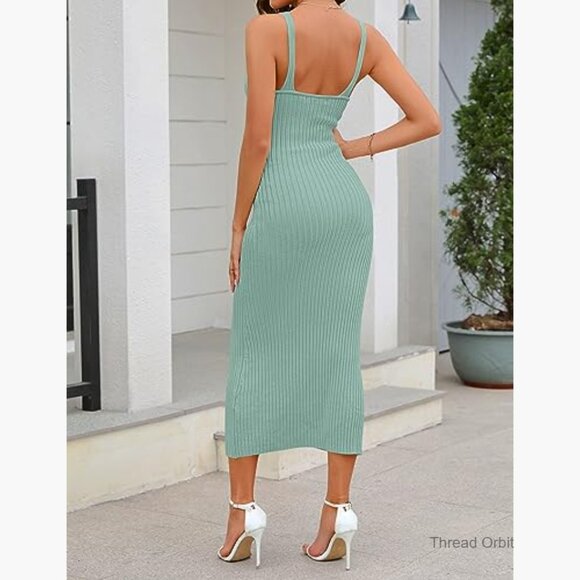 Midi Dress V-Neck Sleeveless Ribbed Knit Bodycon Casual Summer Beach - Picture 4 of 7